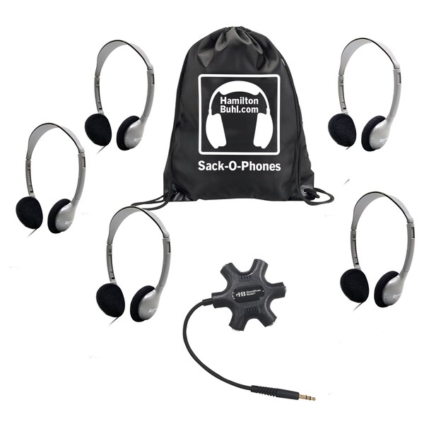 Hamiltonbuhl Galaxy Econo-Line of Sack-O-Phones w/5 Personal-Sized HA2 Headphones, Starfish Jackbox, Carry Bag, 7PK GJB5HA2 - main